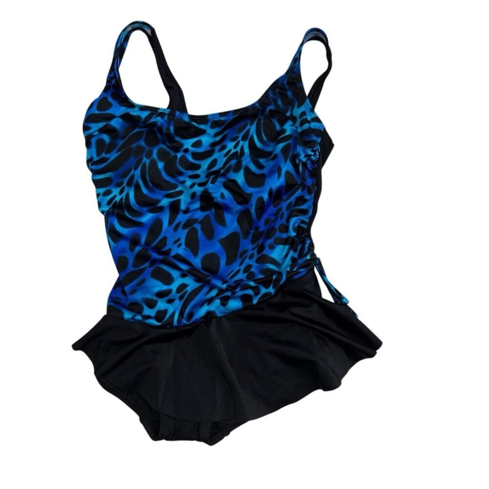 Longitude‎ Women's 8 Kitten Sarong One-Piece Swimsuit Black Blue Animal NWT